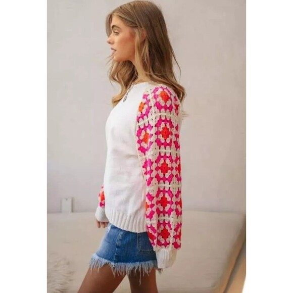 Davi & Dani Womens Granny Square Crochet Sweater 1XL XL 1X White Pink Orange - Picture 4 of 14